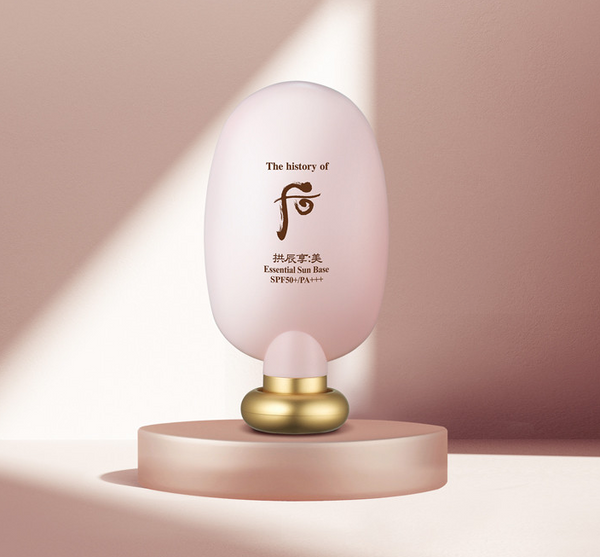 Egg-shaped cosmetic product with 'The history of Whoo' branding on a pink platform.