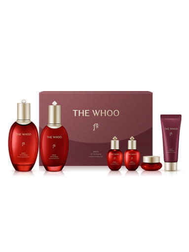 The Whoo skincare product set with red bottles and a maroon box on a white background