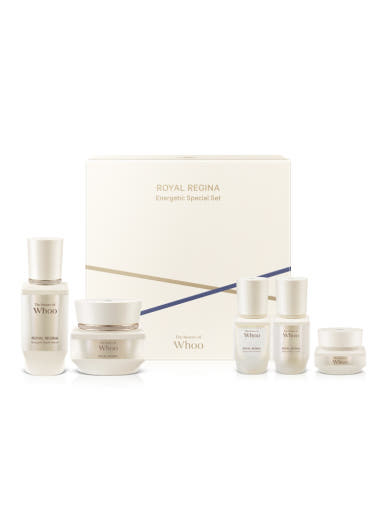 Skincare product set with 'Royal Regina' packaging on a white background