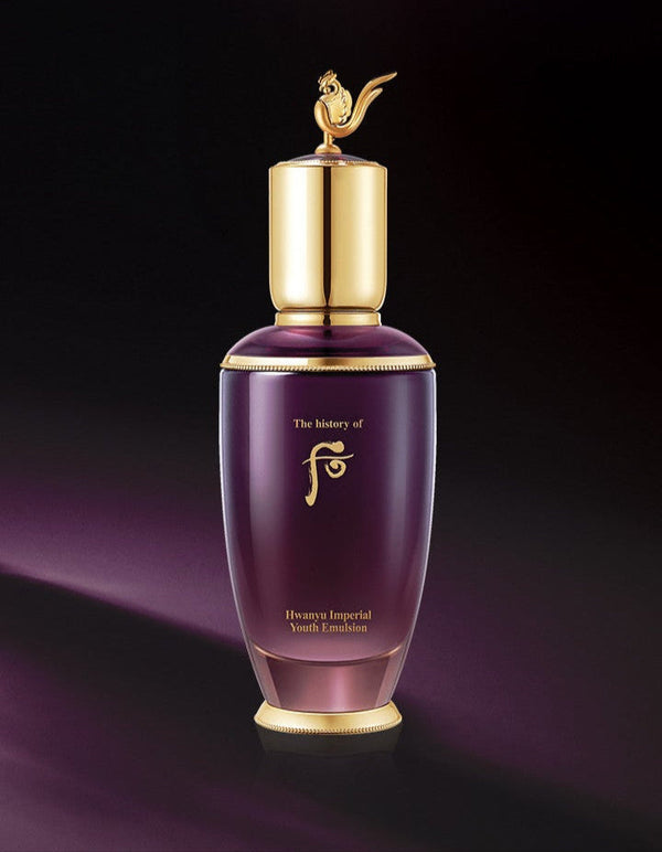 Purple skincare bottle with gold cap on a dark background